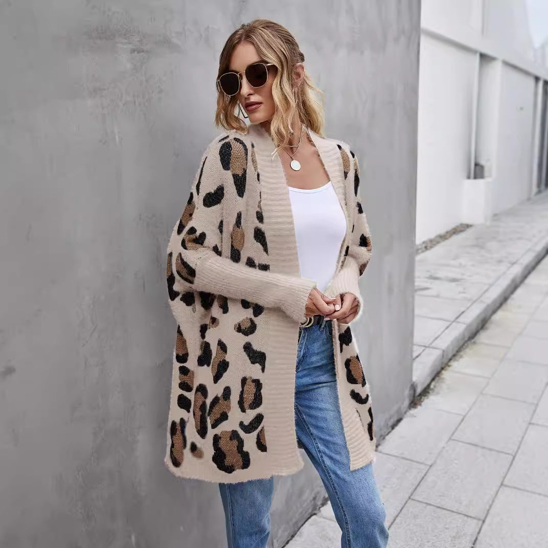 Damen Strickjacke Leopardenmuster Kuschelig Braun