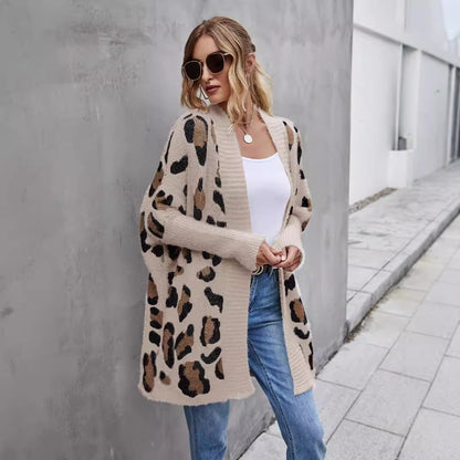 Damen Strickjacke Leopardenmuster Kuschelig Braun