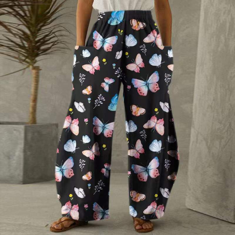 Damen Blumenhosen Weite mit Taschen Elastischer Bund