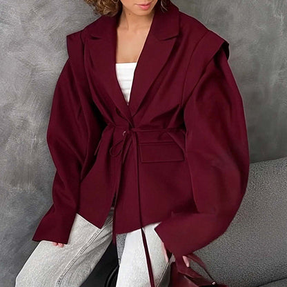 Damen Oversized Blazer mit Taillengürtel und Puffärmeln