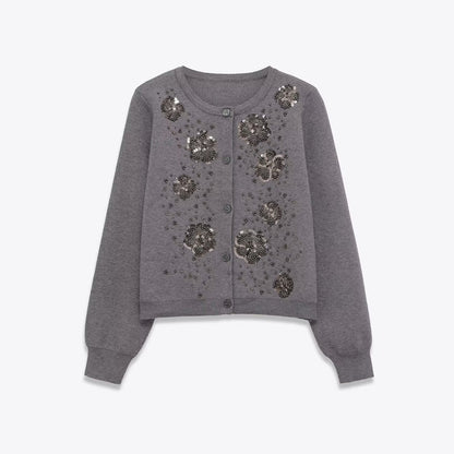 Damen Strickjacke Glitzernde Blüten Details Eveloria
