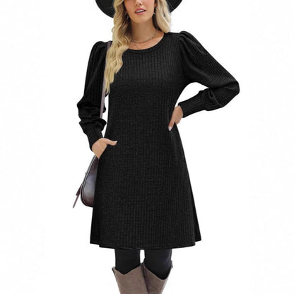 Damen Pulloverkleid Rippstrick Puffärmel Elegant