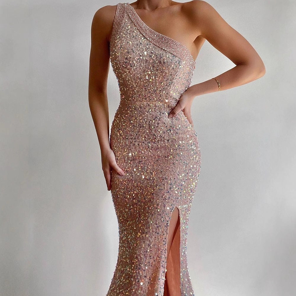 Damen Abendkleid Asymmetrisch Hochschlitz Schimmernd Eveloria