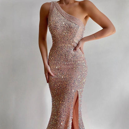 Damen Abendkleid Asymmetrisch Hochschlitz Schimmernd Eveloria
