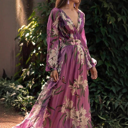 Damen Maxi-Kleid Florales Muster Voluminöse Ärmel Eveloria