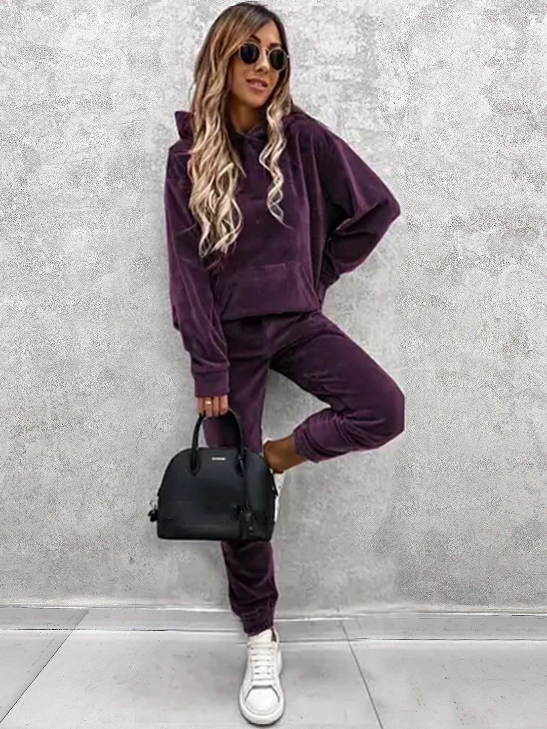 Damen Velours-Jogginganzug mit Kapuze und elastischem Bund