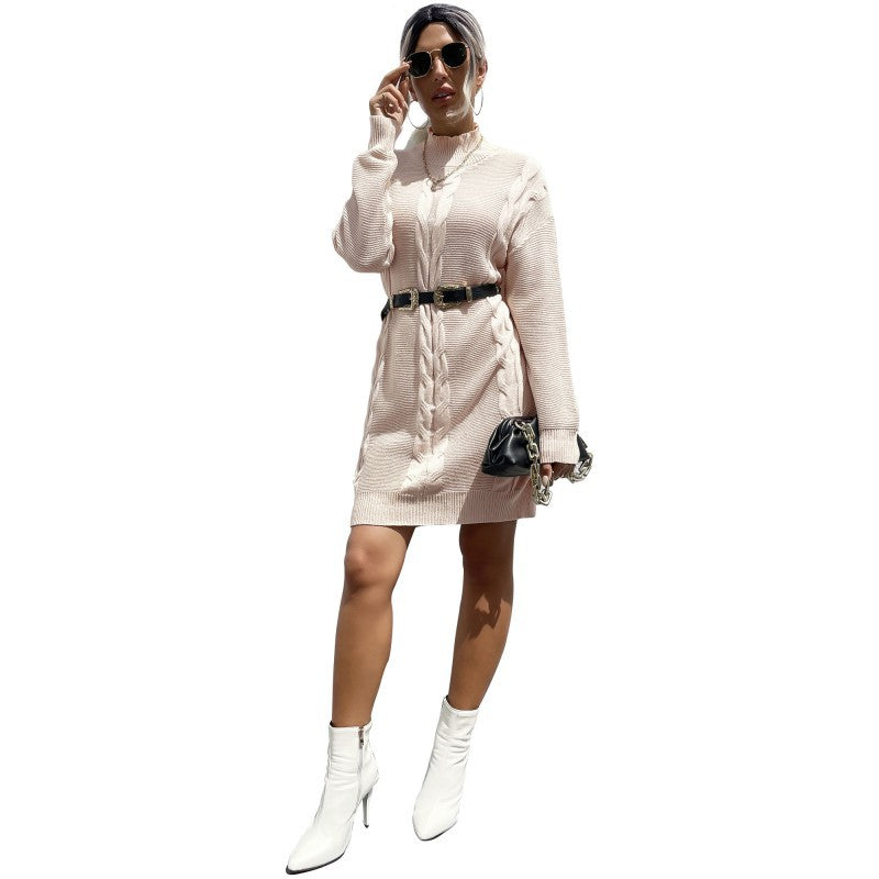 Damen Strickkleid Waffelstruktur Hochkragen Eveloria