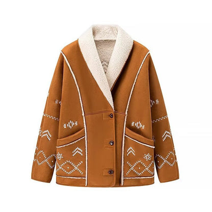 Damen Teddyjacke Warm mit Stickereien Braun - Eveloria