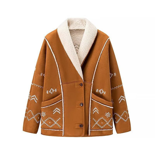 Damen Teddyjacke Warm mit Stickereien Braun - Eveloria
