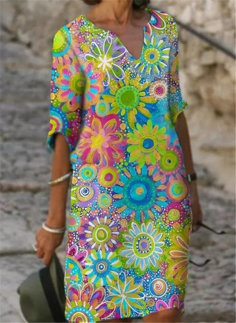 Damen Freizeitkleid Floralmuster V-Ausschnitt