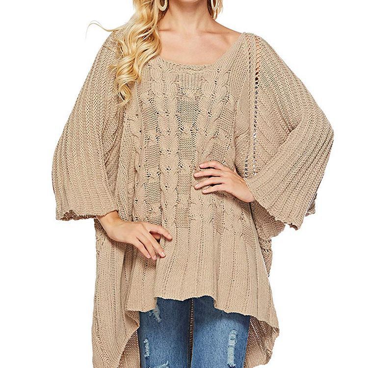 Damen Grobstrick-Poncho Zopfmuster Weite Ärmel Beige