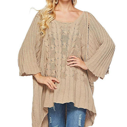 Damen Grobstrick-Poncho Zopfmuster Weite Ärmel Beige