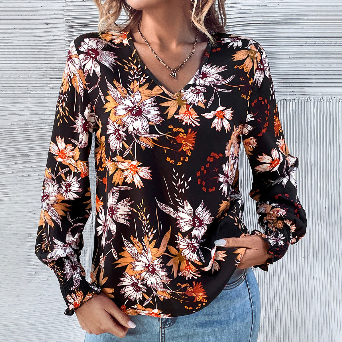 Damen Bluse Floralmuster Elastisch Rosa - Eveloria