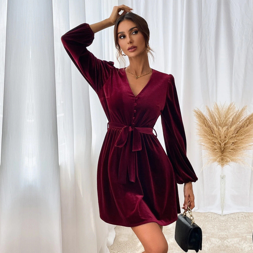 Damen Samtkleid V-Ausschnitt Taillengürtel Eveloria