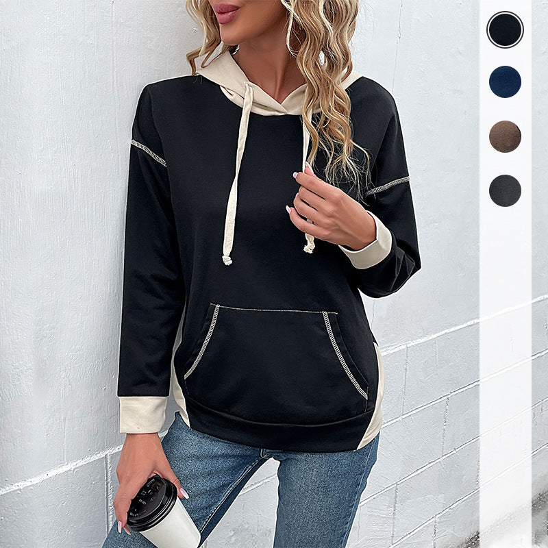Damen Kapuzenpullover mit Taschen Kontrastärmel Grau - Eveloria