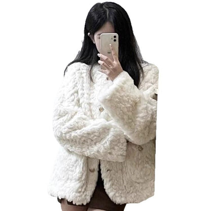 Damen Strickjacke Weich Plüsch Dekorative Knöpfe