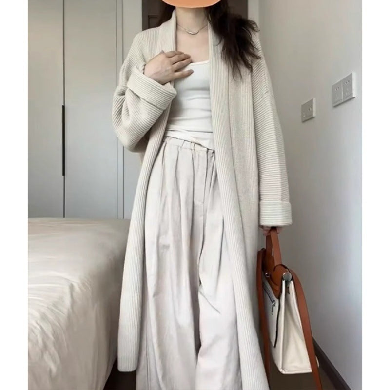Damen Strickmantel Lang Ärmig Weich Beige