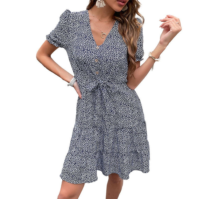 Damen Blümchenkleid mit Knopfleiste und Taillengürtel