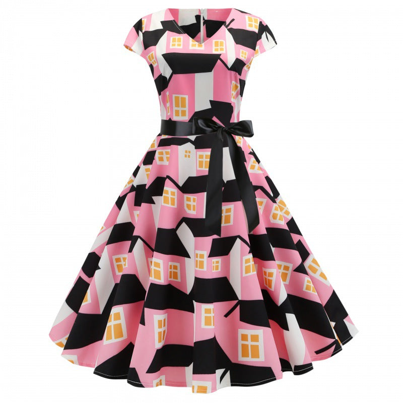 Damen Swingkleid Häuserdruck schmal Taillengürtel