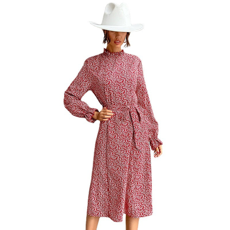 Damen Midi-Kleid Florales Design Elastischer Gürtel Eveloria