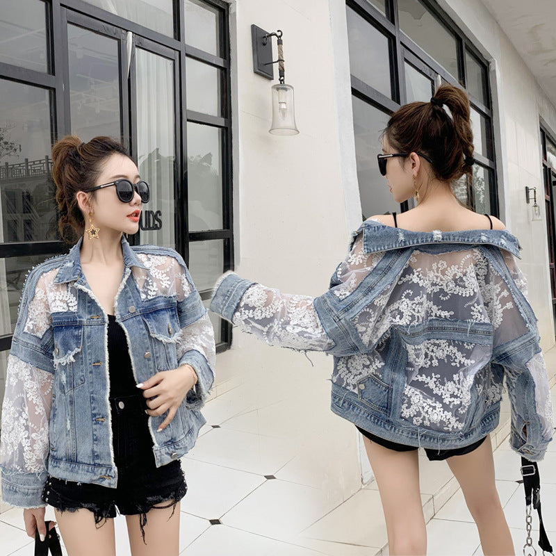 Damen Denimjacke Spitzenverzierung Blau
