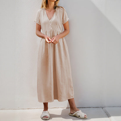 Damen Maxikleid V-Ausschnitt Dekorative Knöpfe Eveloria
