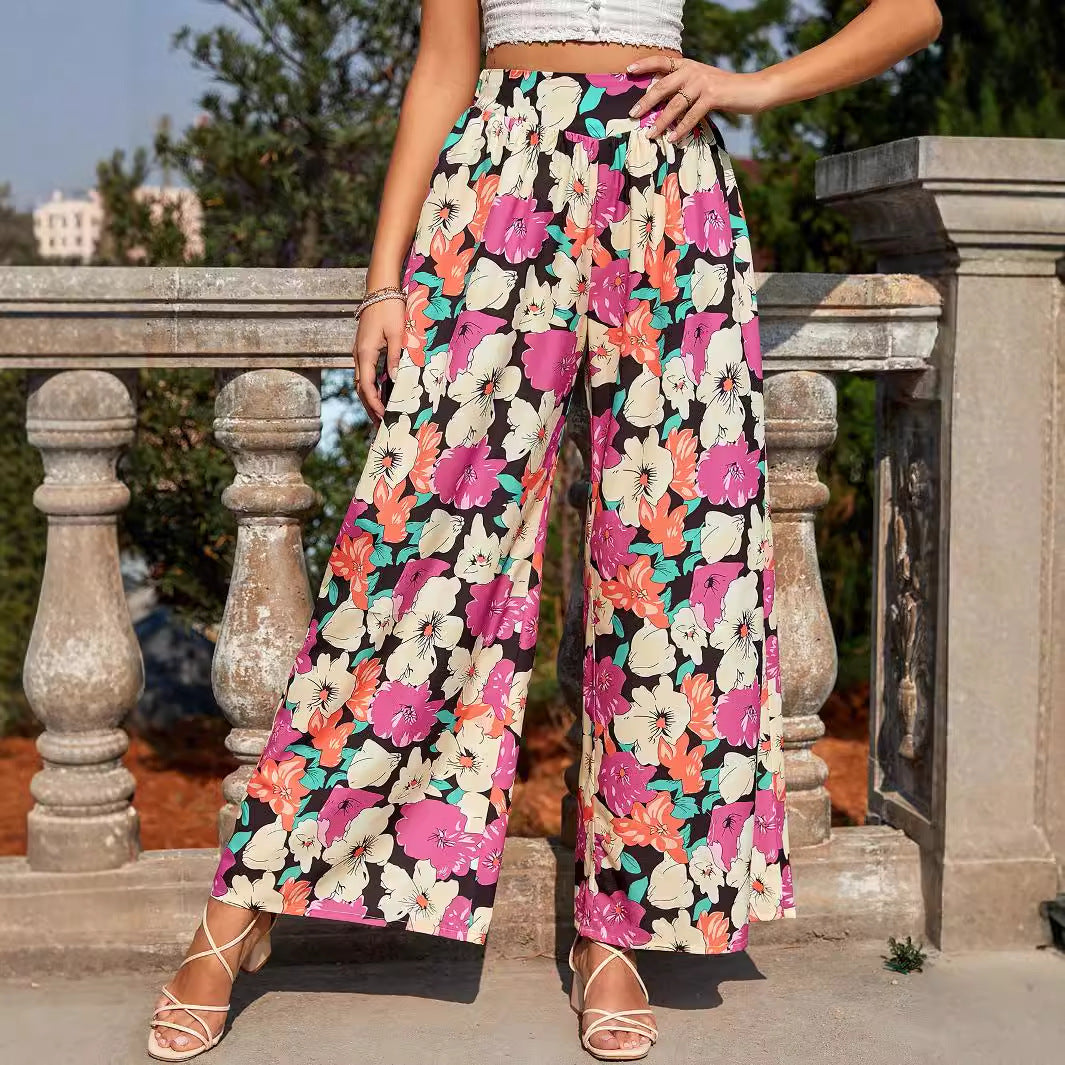 Damen Palazzo-Hose Blumenmuster Elastisch Schwarz - Eveloria
