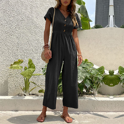 Damen Jumpsuit Knopfdetails Weite Beine Eveloria