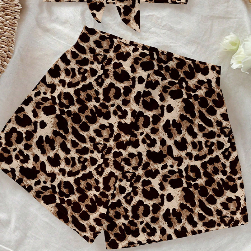 Damen Leopardenmuster Bikini-Set Bandeau-Oberteil Shorty-Shorts
