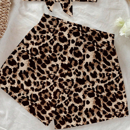 Damen Leopardenmuster Bikini-Set Bandeau-Oberteil Shorty-Shorts
