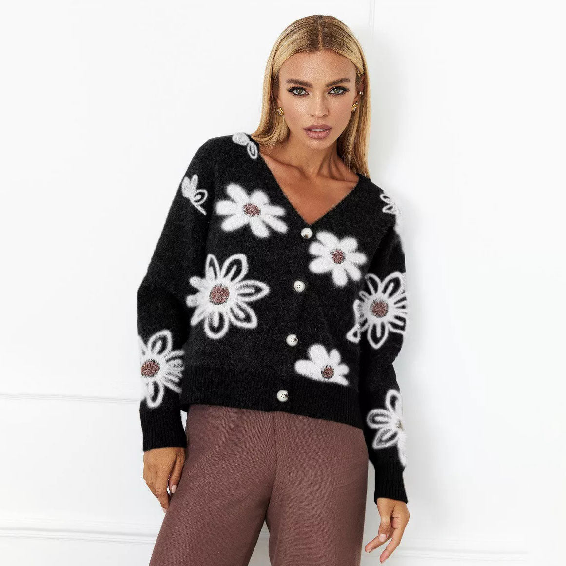 Damen Cardigan Floralmuster Kuschelig Knöpfe Beige