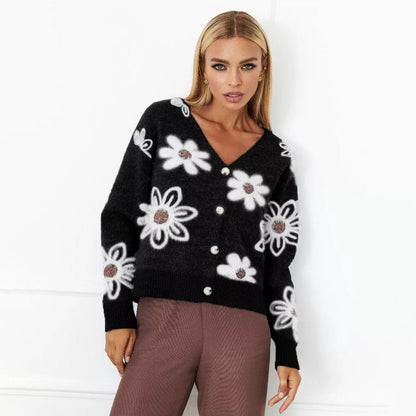 Damen Cardigan Floralmuster Kuschelig Knöpfe Beige