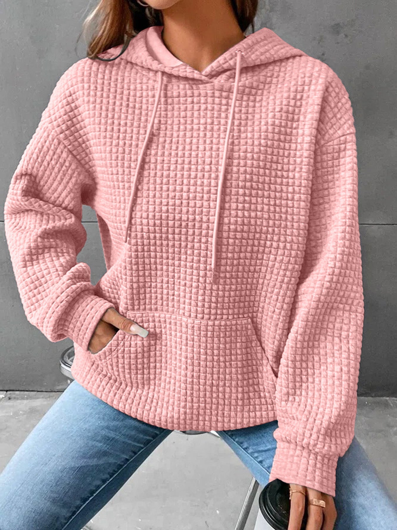Damen Kapuzenpullover Waffelstruktur mit Kängurutasche Lässig Beige