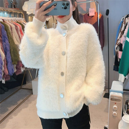 Damen Strickjacke Kuschelig Knopfverschluss Hochkragen Beige - Eveloria