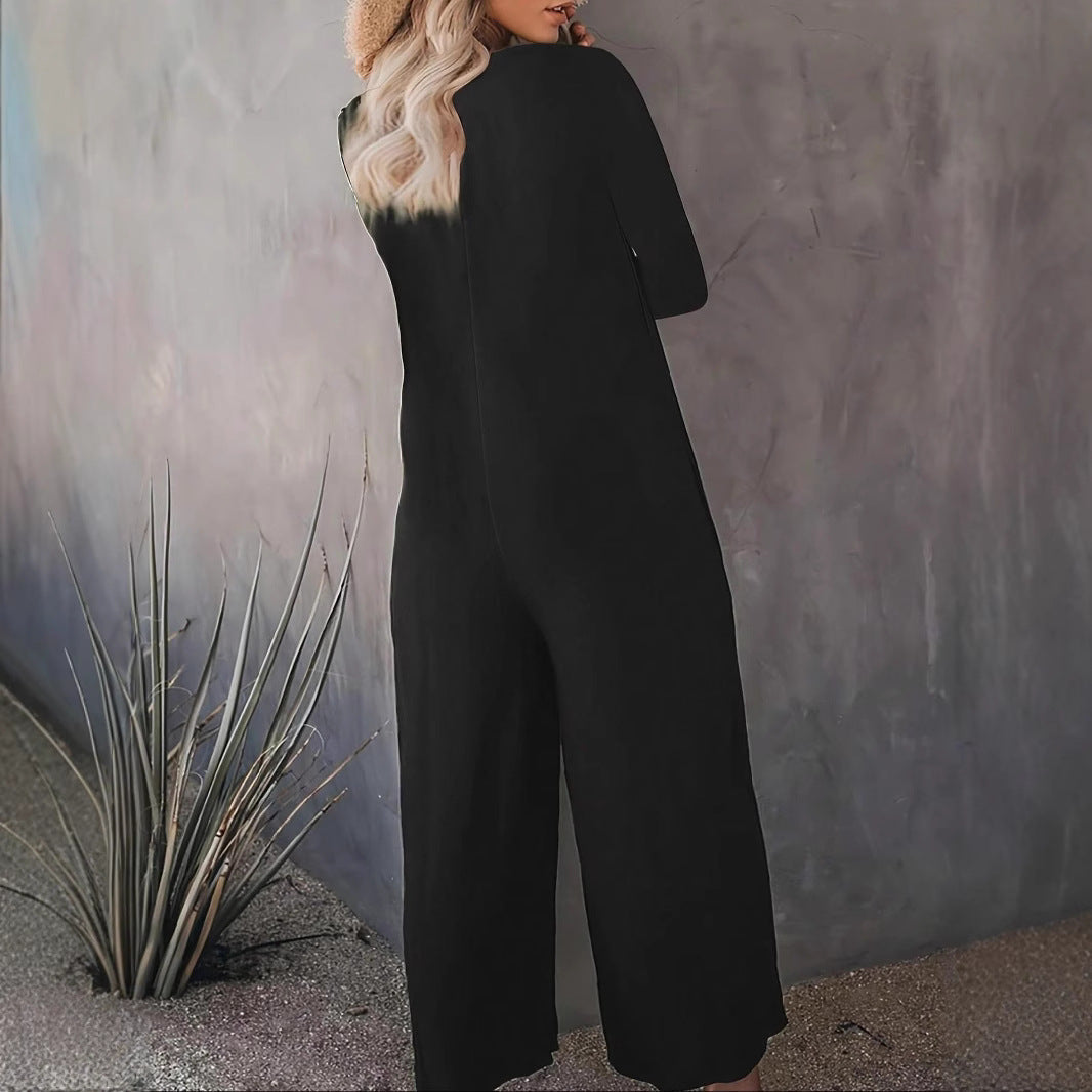 Damen Jumpsuit Weitgeschnitten Baumwolle Praktische Taschen