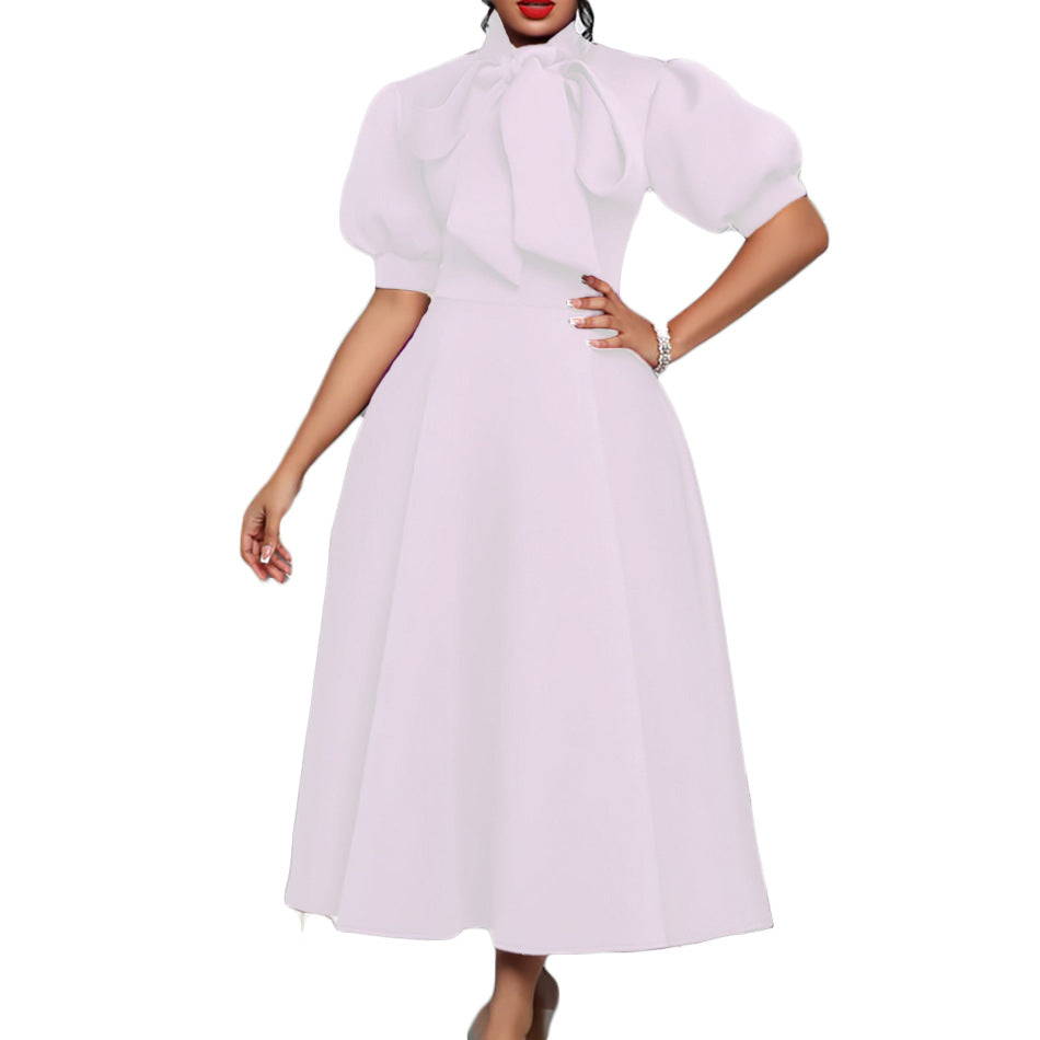 Damen Elegantes Midi-Kleid Puffärmel Bindegürtel Eveloria
