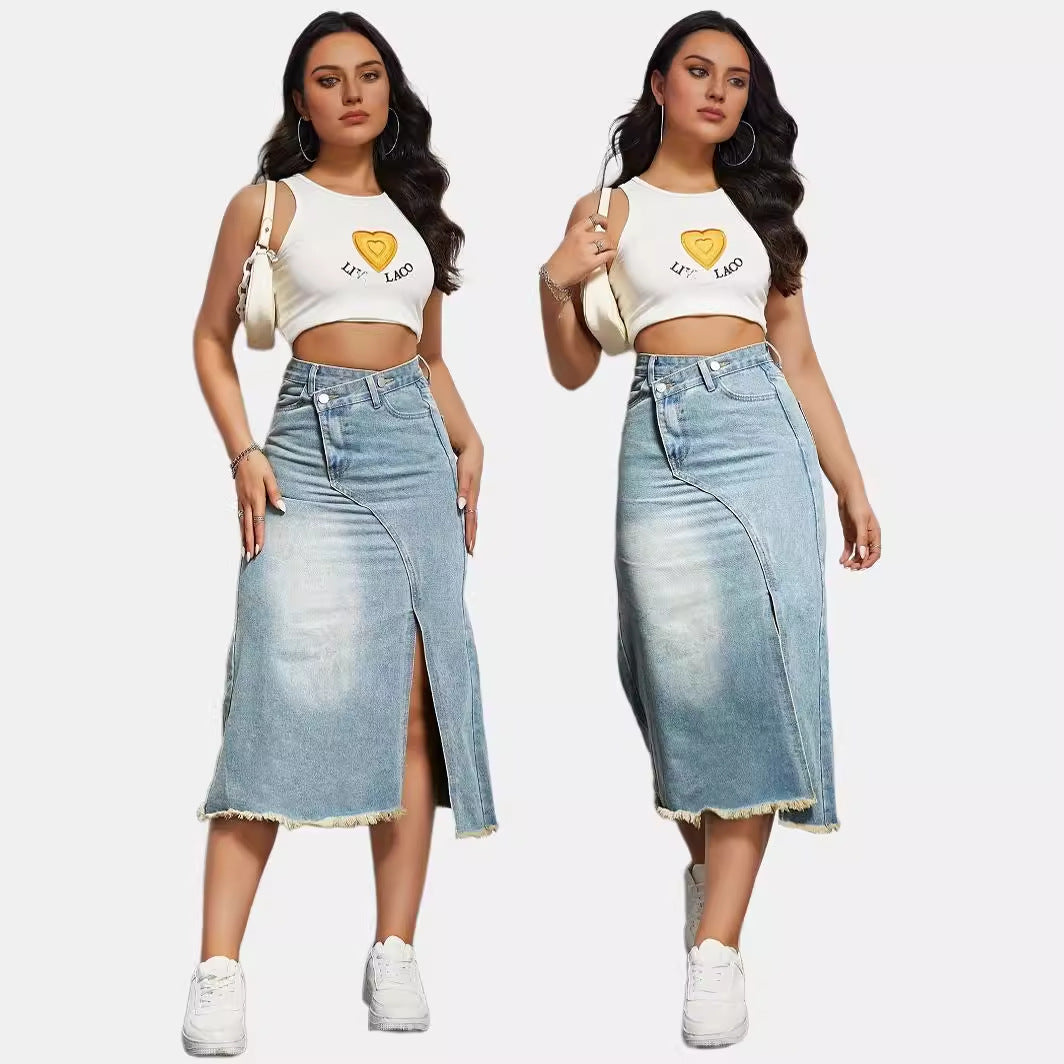 Damen Denim-Rock Asymmetrischer Schlitz Fransiger Saum Länglich