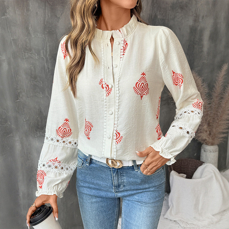 Damen Bluse Rüschendetails Stickerei