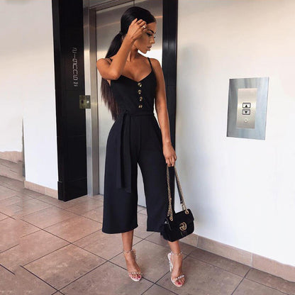 Damen Jumpsuit V-Ausschnitt Seiten Gürtel Eveloria