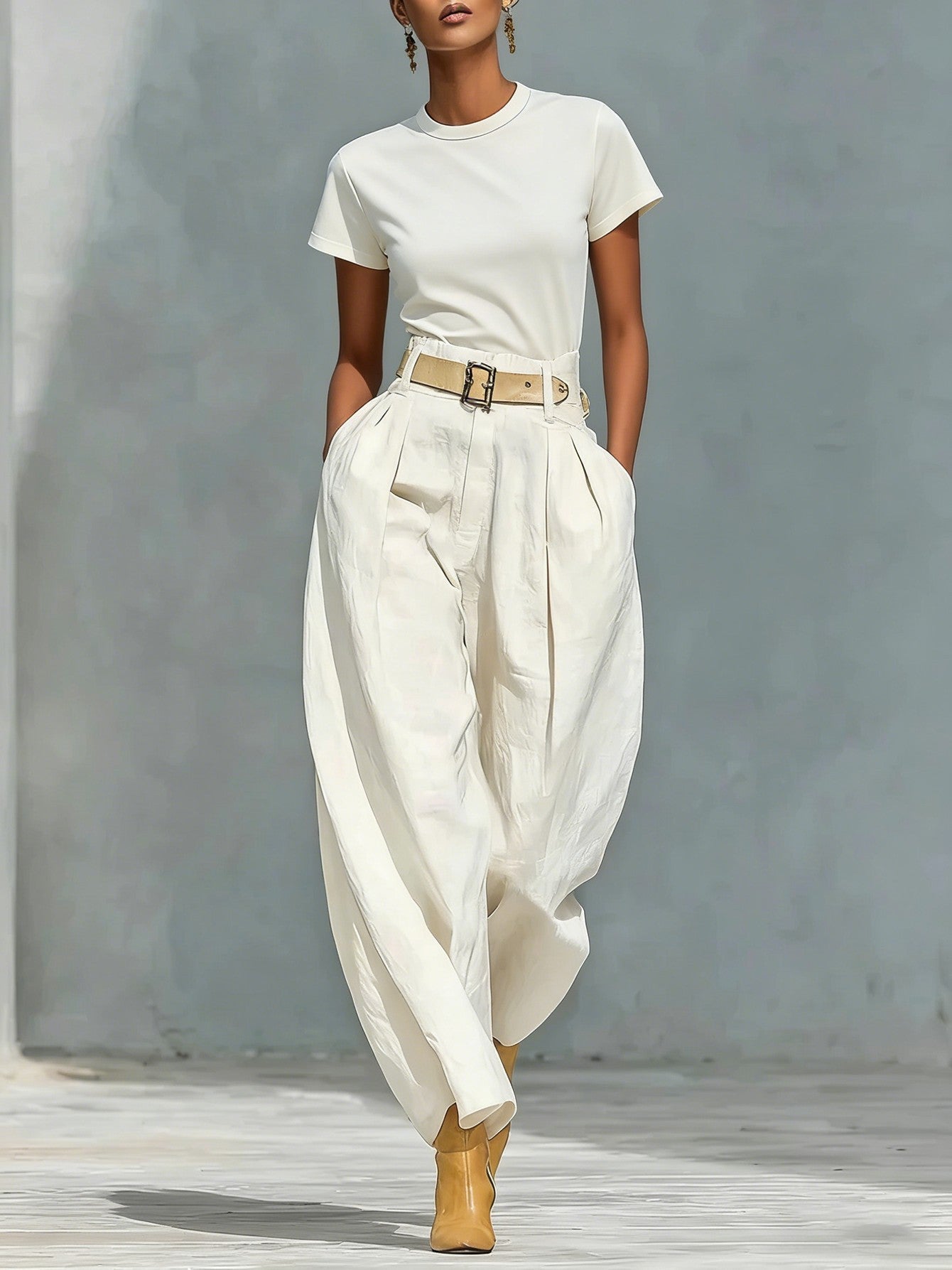 Damen Bundfaltenhose Locker Passform Verstellbarer Gürtel