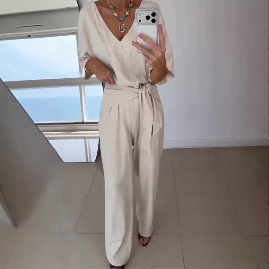 Damen Jumpsuit Tailliert Wickelgürtel Eveloria - Eveloria