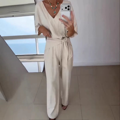 Damen Jumpsuit Tailliert Wickelgürtel Eveloria - Eveloria