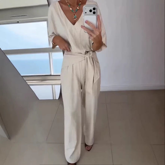 Damen Jumpsuit Tailliert Wickelgürtel Eveloria - Eveloria