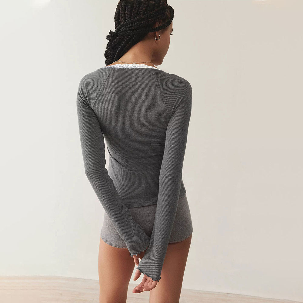 Damen Langarmshirt Spitze Knopfleiste Eveloria
