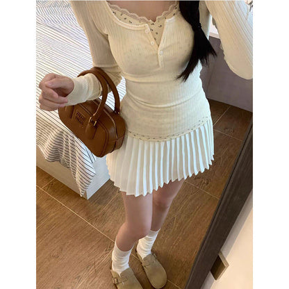 Damen Langarmshirt Dekorativer Knopfleisten-Design Rippstrick Weiß