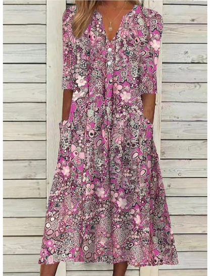 Eveloria Damen Midi Kleid mit Taschen Blumenmuster