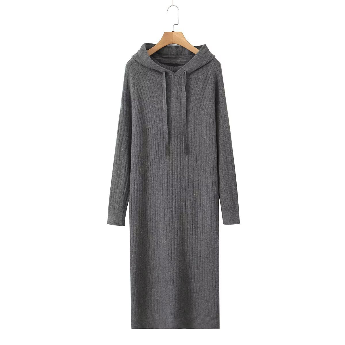 Damen Strickhoodiekleid Kapuze Rippenmuster Eveloria