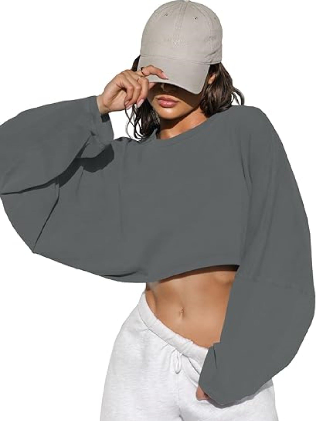 Damen Cropped Sweatshirt Voluminöse Ärmel Lässiger Schnitt Grau