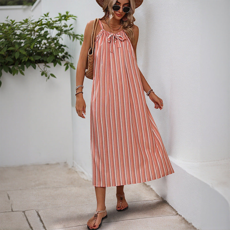 Damen Maxikleid mit Bindegürtel und Streifen