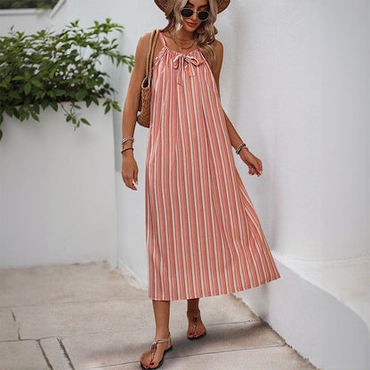 Damen Maxikleid mit Bindegürtel und Streifen